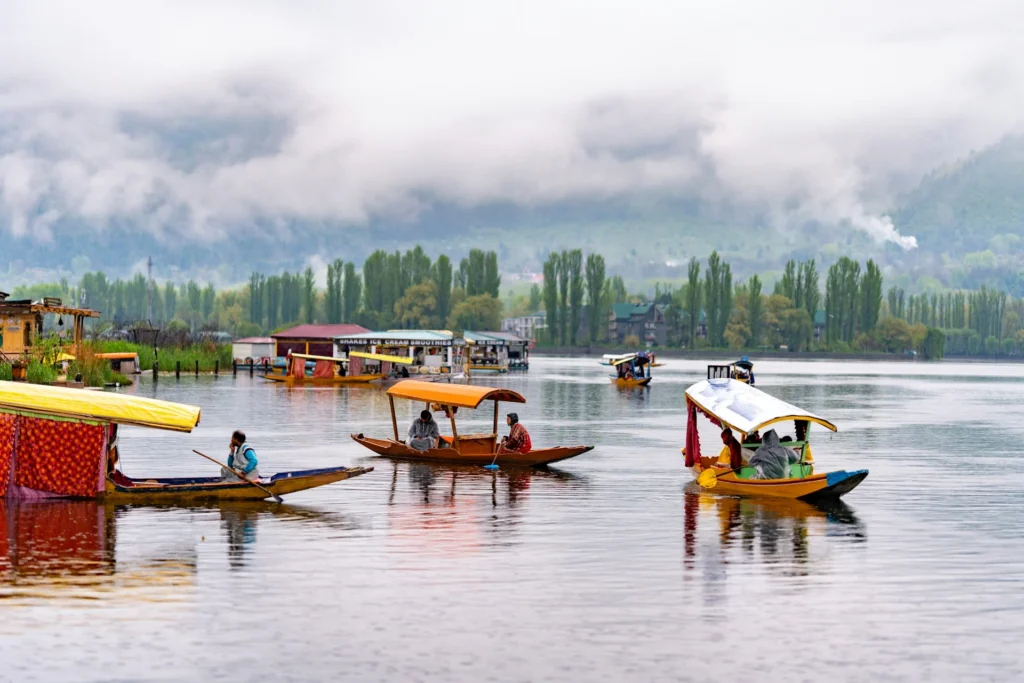 Scenic view of Kashmir with snow-capped mountains, Dal Lake, and shikaras – part of city tours by Yes Taxi Tours and Travels.